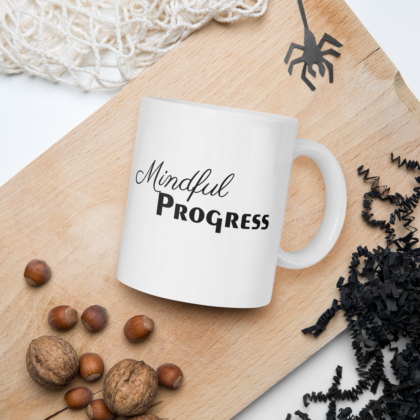 The Mindful Progress mug with Halloween theme background